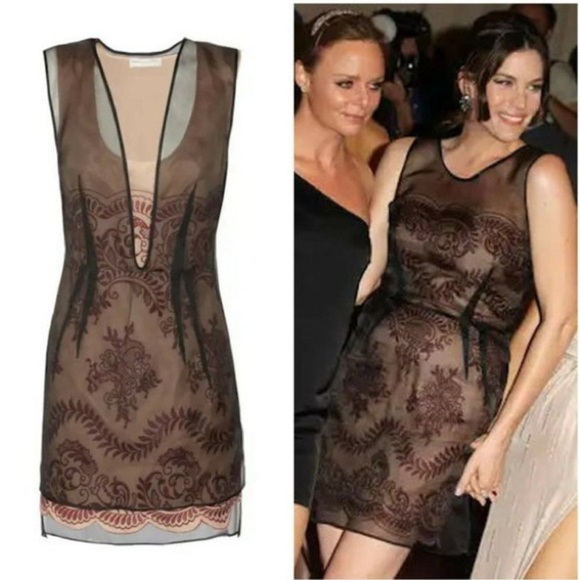 Stella McCartney Bolsena Dress Mini Mesh Overlay Embroidered Black Beige Red 40 - Picture 1 of 16